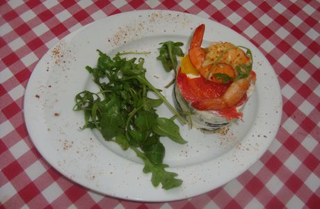 Pressé de Légumes confits mascarpone & basilic, gambas à la plancha