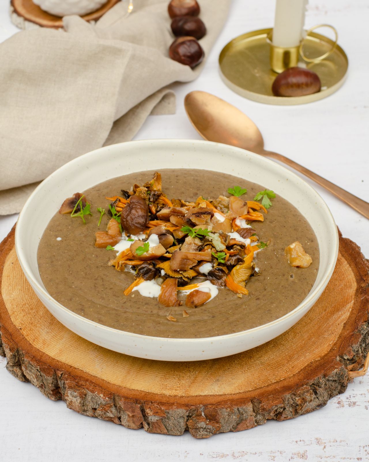 Velouté lentilles, champignons poêlés marron