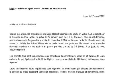 LYCÉE DOISNEAU : Lettre de Raphaël Debû, conseiller régional (PCF - Front de Gauche) à Béatrice Berthoux, vice-présidente déléguée aux lycées.
