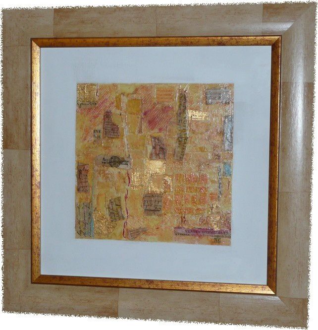 Formats carrés sur toile ou carton toilé.
Technique mixte : acrylique,encres perlescentes, collage de vieux papiers, feuilles d'or.
