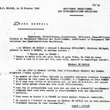 PAGE D'HISTOIRE ET DEVOIR DE MÉMOIRE : DOCUMENT DU GROUPEMENT OPÉRATIONNEL DES EXPÉRIMENTATIONS NUCLÉAIRES. AVEC LES FÉLICITATIONS ADRESSÉES À TOUS LES MILITAIRES ET CIVILS AYANT PARTICIPÉ À « GERBOISE BLEUE » PREMIÈRE EXPÉRIMENTATIONS NUCLÉAIRES.