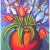 Iris et tulipes en vase rond