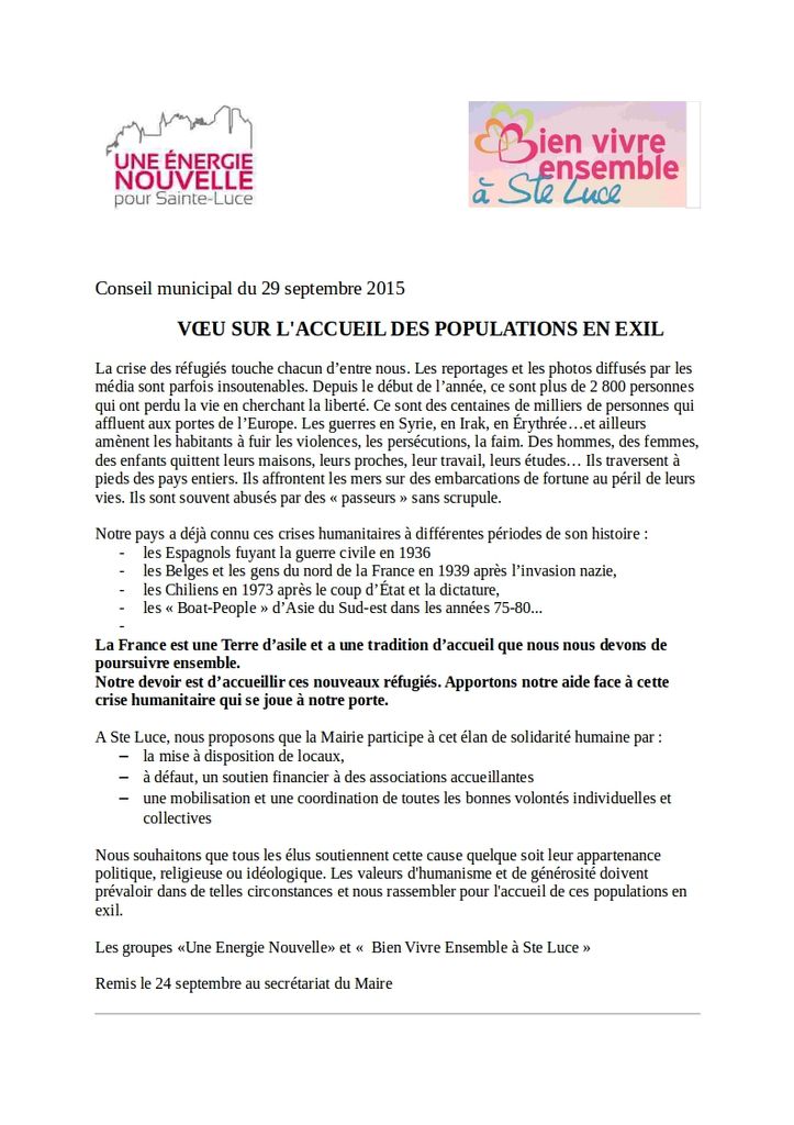 Vœu sur l'accueil des populations en exil