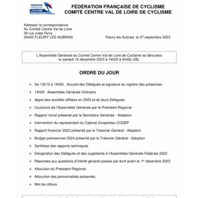 L'Assemblée Générale du Comité Régional le samedi 16 décembre 2023 à Amilly (28)