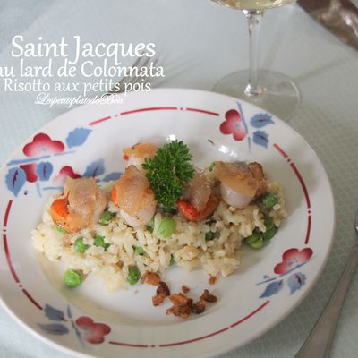 Saint Jacques au lard de colonnata et risotto aux petits pois frais