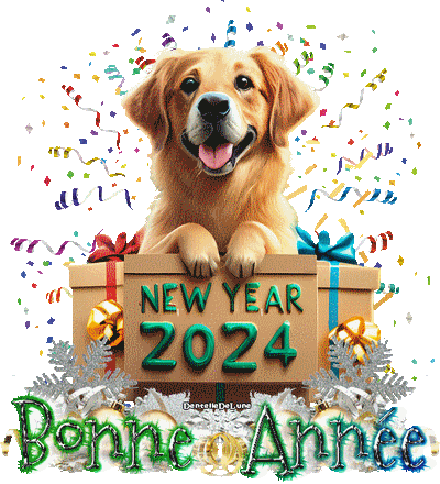 Bonne Année 2024 et chien Golden - gif animé-a