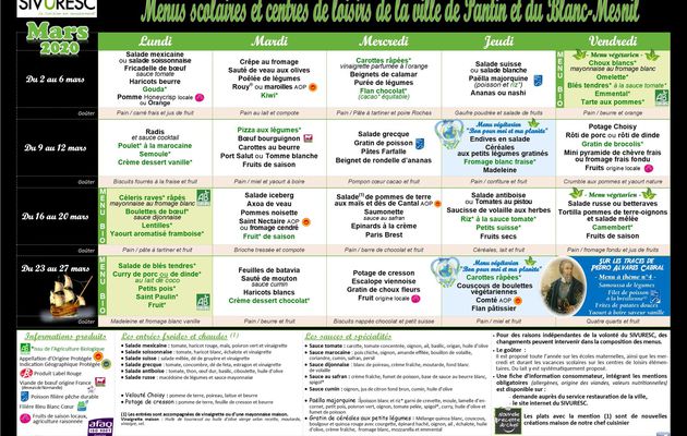 Menus scolaires Mars 2020 - mise à jour au 04/03/2020