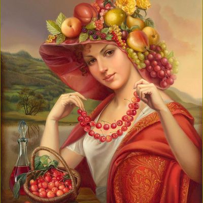 Le temps des cerises par les peintres -  Irina Kouznetsova (1963) cerises et chapeau aux fruits