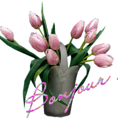 Bonjour - Fleurs - Tulipes - Bouquet - Vase - Gif scintillant - Gratuit