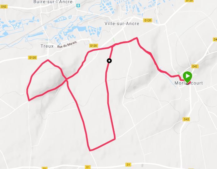 Morlancourt 10.2 km prévu; réalisé by Strava, Tomtom, Garmin