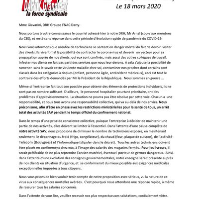 Lettre FO DGE à Madame Frédérique GIAVARINI (DRH Groupe FNAC DARTY) du 18 mars 2020