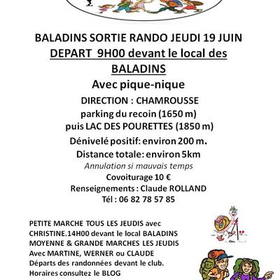 RANDO JEUDI 19 JUIN DEPART 9H00, LE LAC DES POURETTES.