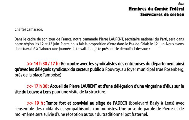 Le secrétaire national du PCF Pierre Laurent sera dans notre région les  12 et 13  juin