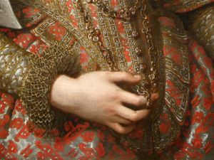 Frans Pourbus le Jeune (Anvers 1569 - Paris 1622), détails de Marguerite de Gonzague, duchesse de Lorraine (1591 - 1632). Huile sur toile, 102 x 78 cm.. 1606. Teh Weiss gallery © Le Curieux des arts Gilles Kraemer, présentation presse de Paris Tableau 10 novembre 2015.