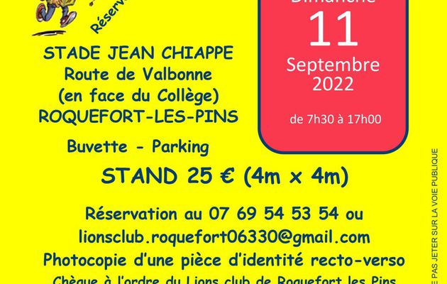 Le Lion's Club organise un vide grenier le Dimanche 11 Septembre à Roquefort les Pins