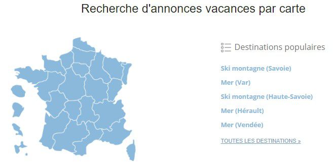 La carte de destinations dans la rubrique Vacances de Paruvendu