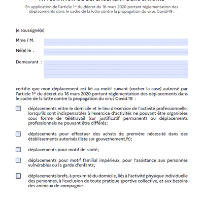 Attestation à remplir pour chaque sortie