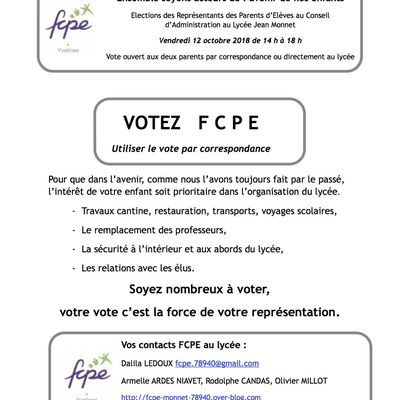 Elections des parents représentants au Conseil d’Administration du Lycée Jean Monnet Vendredi 12 octobre