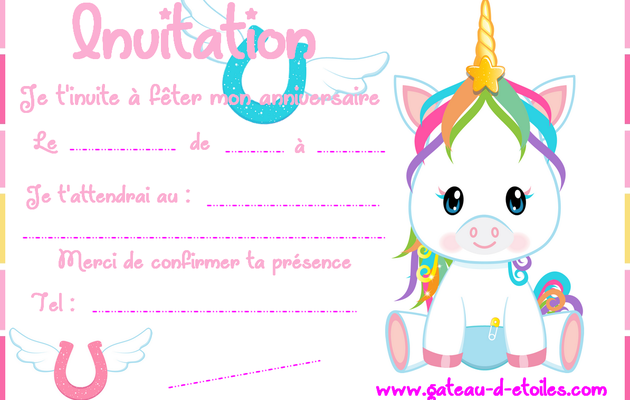 Carte d'invitation gratuite bébé Licorne