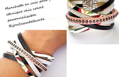 bracelet manchette cuir strass coloré multicolore argenté leather ethnique géométrique ( idée cadeau ) personnalisable 28,90E