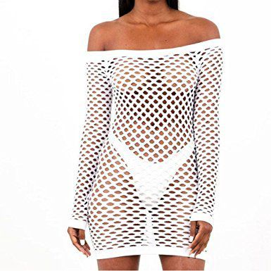 Reaso Sexy Femmes Off The Shoulder Creux Fishnet Engrener Manche longue Robe de nuit