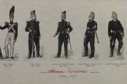 lithographie pompiers d'Alsace  Lorraine 1830 1914