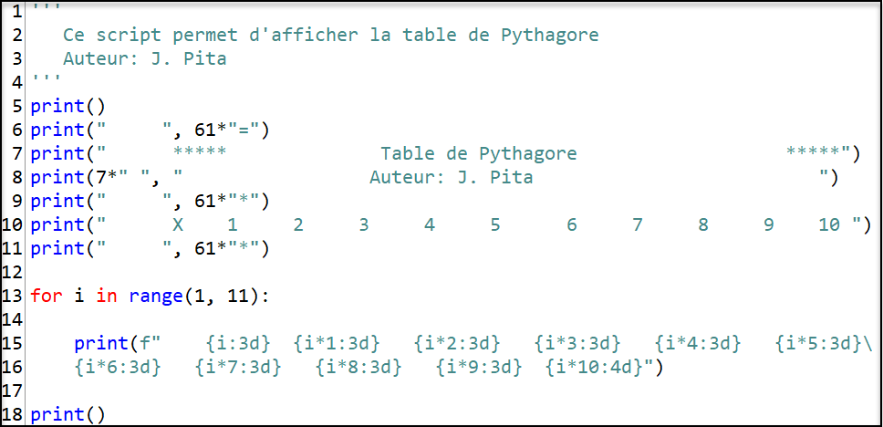 Table de Pythagore avec la boucle conditionnelle (Pour)