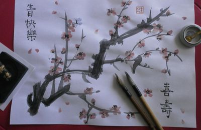 Pinceau chinois : premier essai, le cerisier en fleurs...