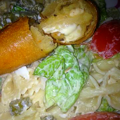 BRICKS POMMES DE TERRE - POULET - TOMATE & FROMAGE + SALADE DE PATES