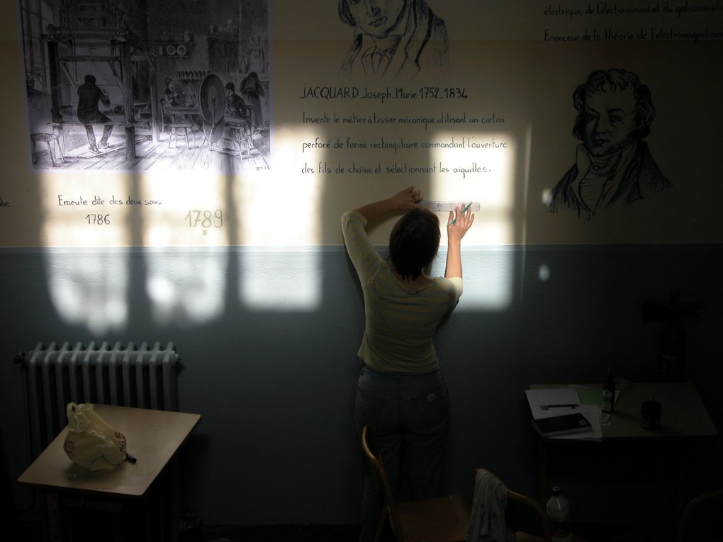 Fresque des Lyonnais célébres, peinte pendant les vacances d'été, dans les escaliers de l'école élémentaire Charial Lyon 3e