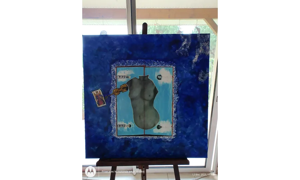 Libérée,technique mixte sur châssis entoilé 90x90 cm, Année 2025,Frederique Gouzien, artiste peintre plasticienne etrange,mont de marsan,les landes,france