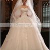 A line sweetheart cathedral train tulle rhinestones bow satin veil wedding dress