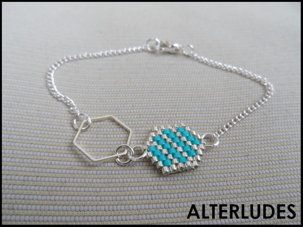 Bracelet - Hexa - Emma - Bleu turquoise et argent - Sur commande - 12€