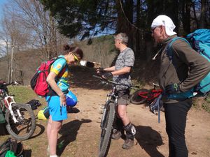 Montée vers Solomont. Il y a un problème sur le vélo de Valérie : les freins restent serrés lorsqu'on lâche les leviers. Nous n'avons pas l'outillage requis pour réparer. Valérie et Arnaud nous quittent pour rejoindre la gare la plus proche;