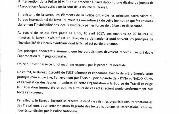 Tchad: l'UST dénonce les violations de ses locaux par les éléments du GMIP 