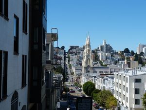 Dimanche 15 septembre: petit passage sur le flanc de la colline de la Coit Tower, face à la baie, avec une vue imprenable sur les bateaux de l'America's Cup: Fly Emirates c'est le bateau néo-zélandais, celui qui a perdu, et Oracle c'est le défi américain, le vainqueur.