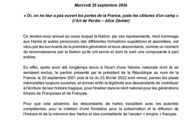 Journée Nationale d'Hommage aux Harkis le Mercredi 25 septembre à Issy les Moulineaux, Versailles, Buchelay, Paris, Compiègne