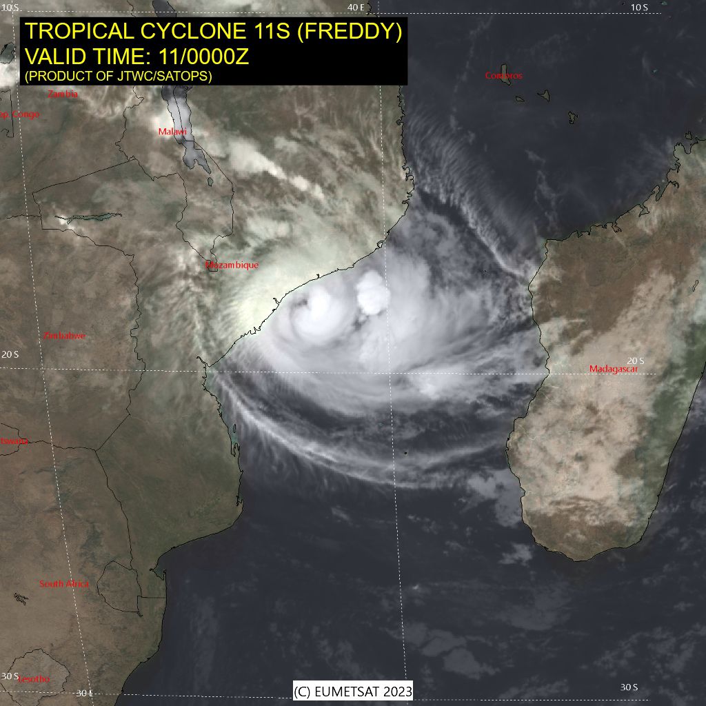 Das Zentrum des Zyklons Freddy wenige Stunden vor seinem Landgang vor der Küste Mosambiks, am 11. März 2023 Quelle: JWTC/SATops/EUMETSAT