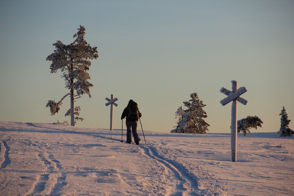 Jeroen découvre le fat-bike dans la poudreuse, Jonathan re-découvre le soleil, Renita avec Marko et Jonathan en direction d'une petite gorge dans les environs de Nilanpaa, Pim et Leena dans notre cuisine communautaire, Feu de camp dans un lavvu (abri rustique) des environs de Muotkan Maja, Marko pêche sur la glace du lac Inari, Laurie à motoneige, Lumières depuis Kilopaa, Nuage nacré, Aurores boréales depuis le Camp à Muotkan Maja, Pim dans le salon/salle de séchage, en route vers Nilanpaa dans les premiers jours après le retour du soleil, avec Marianne et Peter, Lumières sur les tunturit du parc national Urho Kekkonen, Nuit en cabane à Rautulampi, Météo capricieuse entre Rautulampi et Kilopaa.