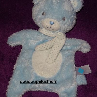 Doudou plat, ours Tex baby, bleu blanc, avec petite écharpe, www.doudoupeluche.fr