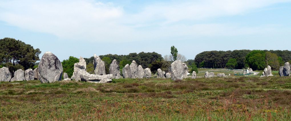 Les mégalithes se divisent en plusieurs types : les menhirs et les dolmens sont les plus répandus. Les menhirs sont des pierres dressées fichées dans le sol. Disposés en ligne, les menhirs forment des alignements. Regroupés en cercle ou en demi-cercle, ils constituent des cromlechs. Le dolmen  « table de pierre » en breton, est composé de dalles monumentales assemblées sans l’aide de ciment ou de mortier ; il a pu servir de tombeau.