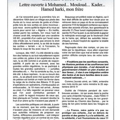 Libres propos lettre ouverte à mohamed, mouloud, kader, hamed, harki, mon frère