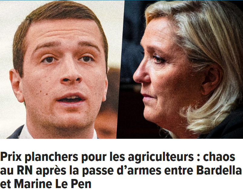 Prix planchers pour les agriculteurs : chaos au RN après la passe d’armes entre Bardella et Marine Le Pen