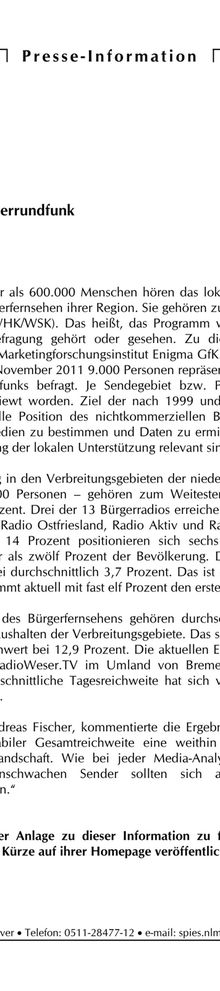 Nds. Landesmedienanstalt 24.11.11 -- Bürgerrundfunk mit stabiler Reichweite