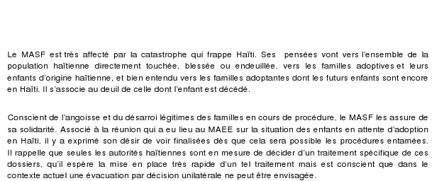 Haïti : COMMUNIQUE DU MOUVEMENT POUR L'ADOPTION SANS FRONTIERES