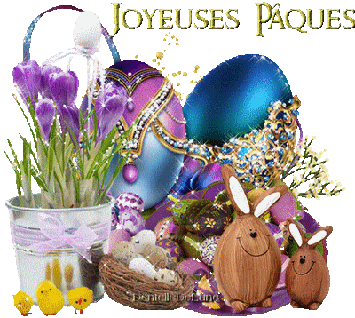 gif scintillant joyeuses Pâques avec assortiment décorations  et œufs de Pâques