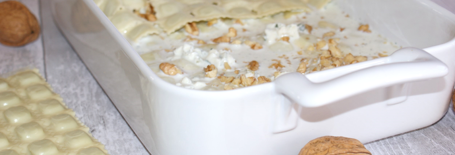 Gratin de ravioles au roquefort et noix