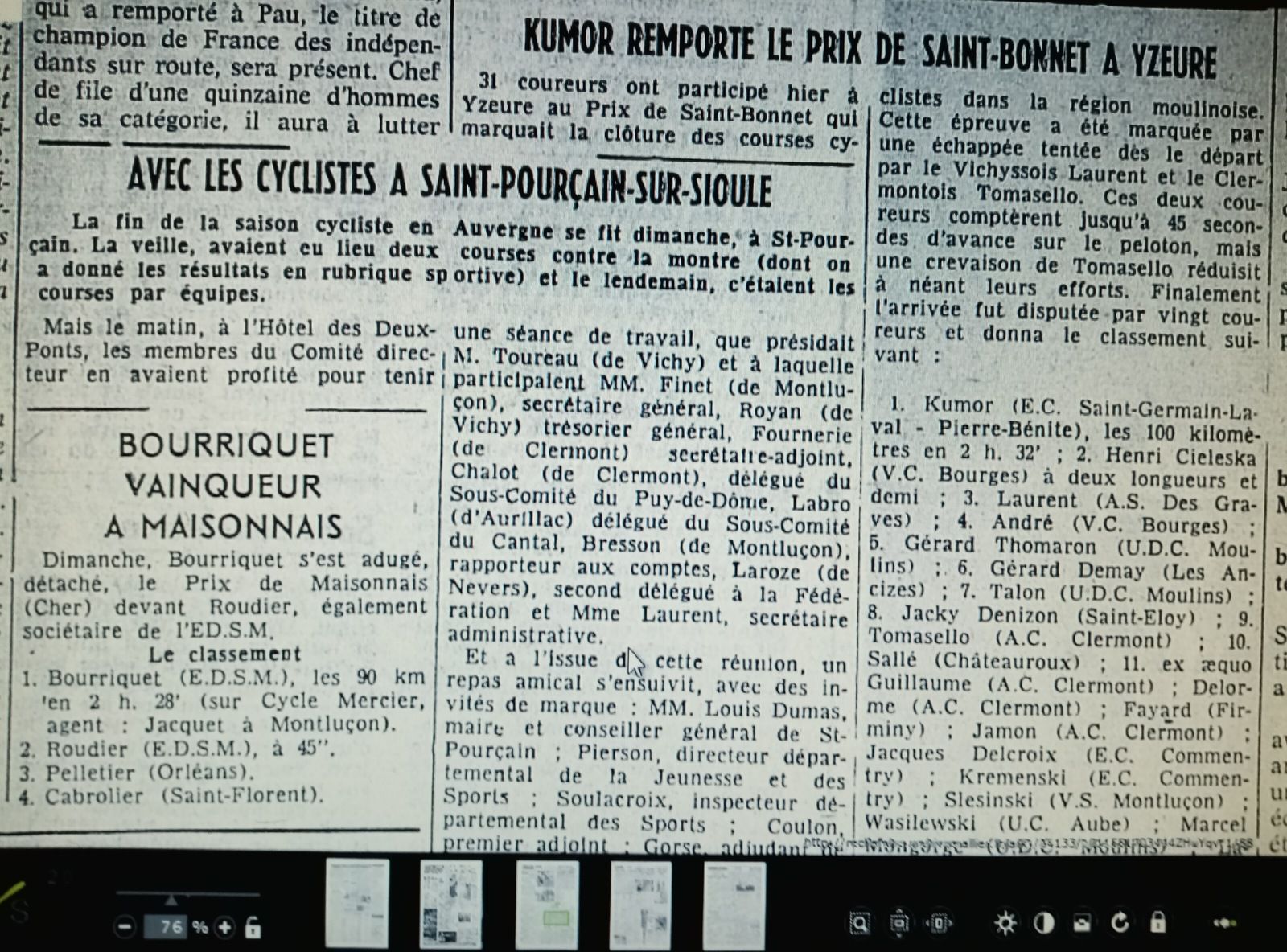La saison cycliste 1961 en Auvergne (1er au 9 octobre)