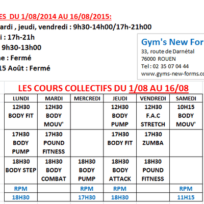 HORAIRES AOÛT DU 01/08 AU 16/08