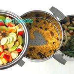 Un feu et 3 cuissons étagées : Ratatouille, Millet aux raisins secs et compote Pommes Rhubarbe à la Badiane 